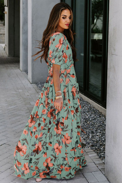 Sky Blue Floral V Neck Ruffle Short Sleeve Maxi Dress