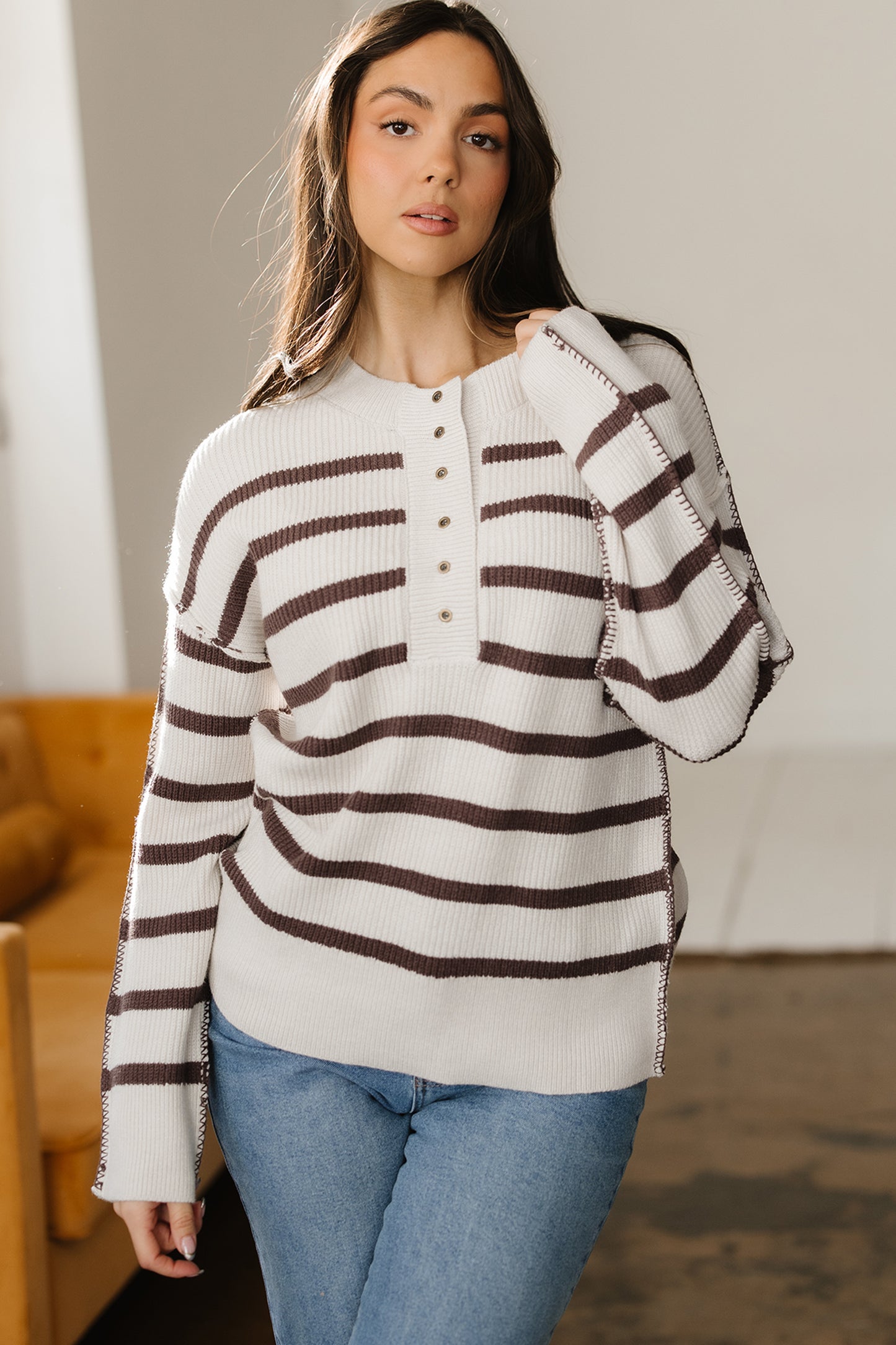 Striped Ribbed Henley Sweater Drop Shoulder Pullover