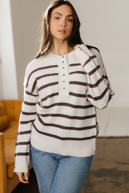 Striped Ribbed Henley Sweater Drop Shoulder Pullover