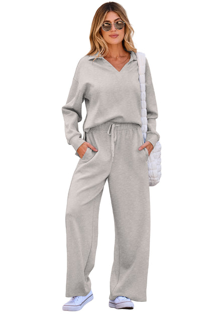 Coffee Solid Color V Neck Top and High Waist Pants Set