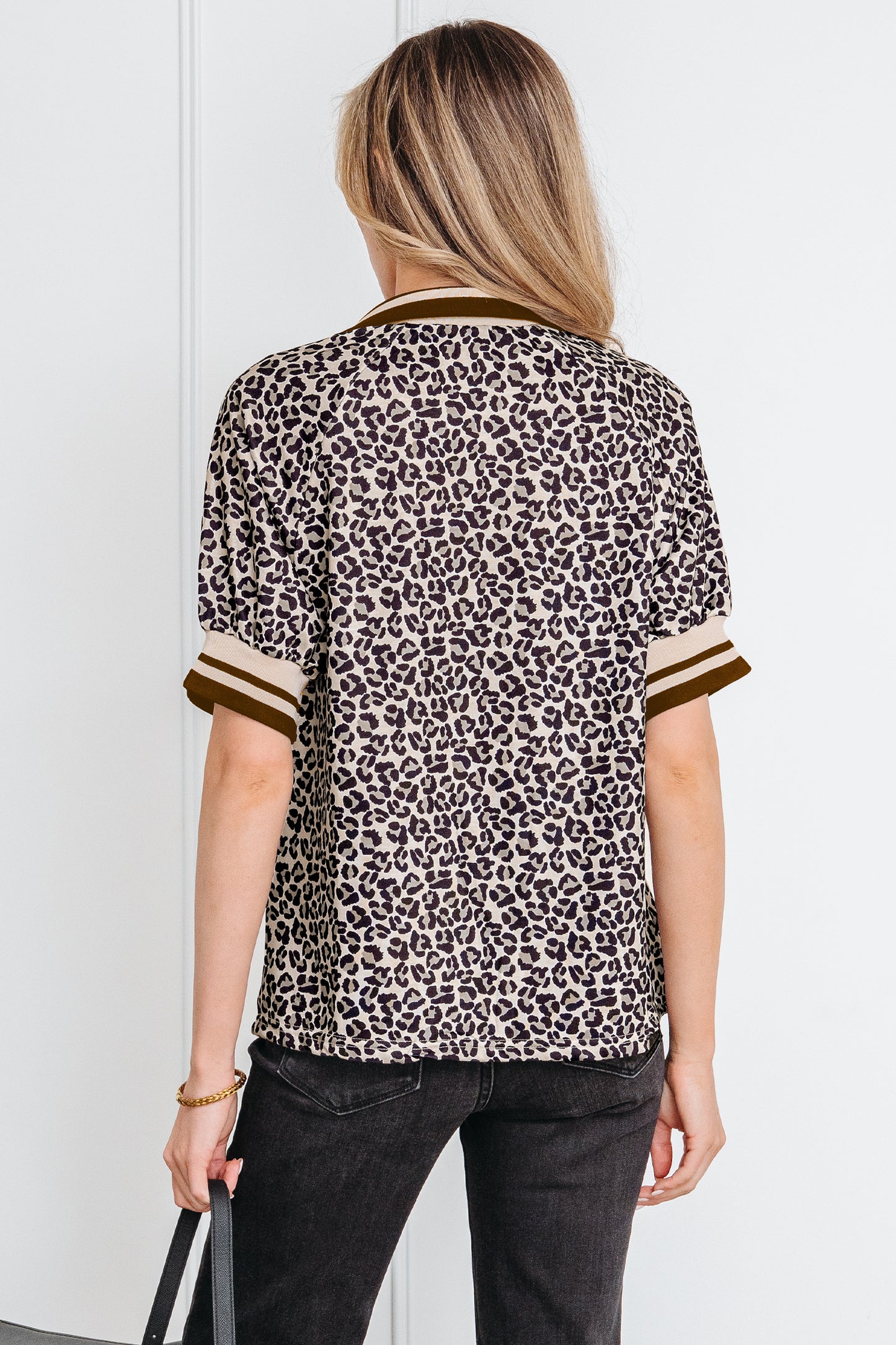 Women’s Leopard Print Half Zip Stripe Trim Top