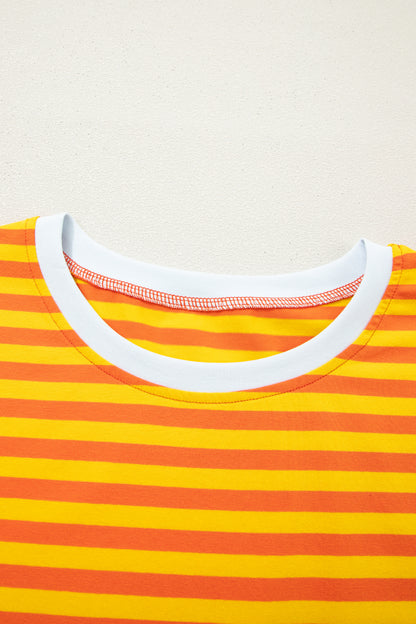 Sky Blue Striped Contrast Neck Drop Shoulder Loose Tee