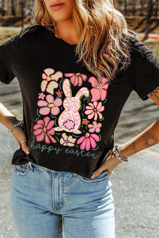 Easter Bunny Floral Graphic Black Casual Spring Tee