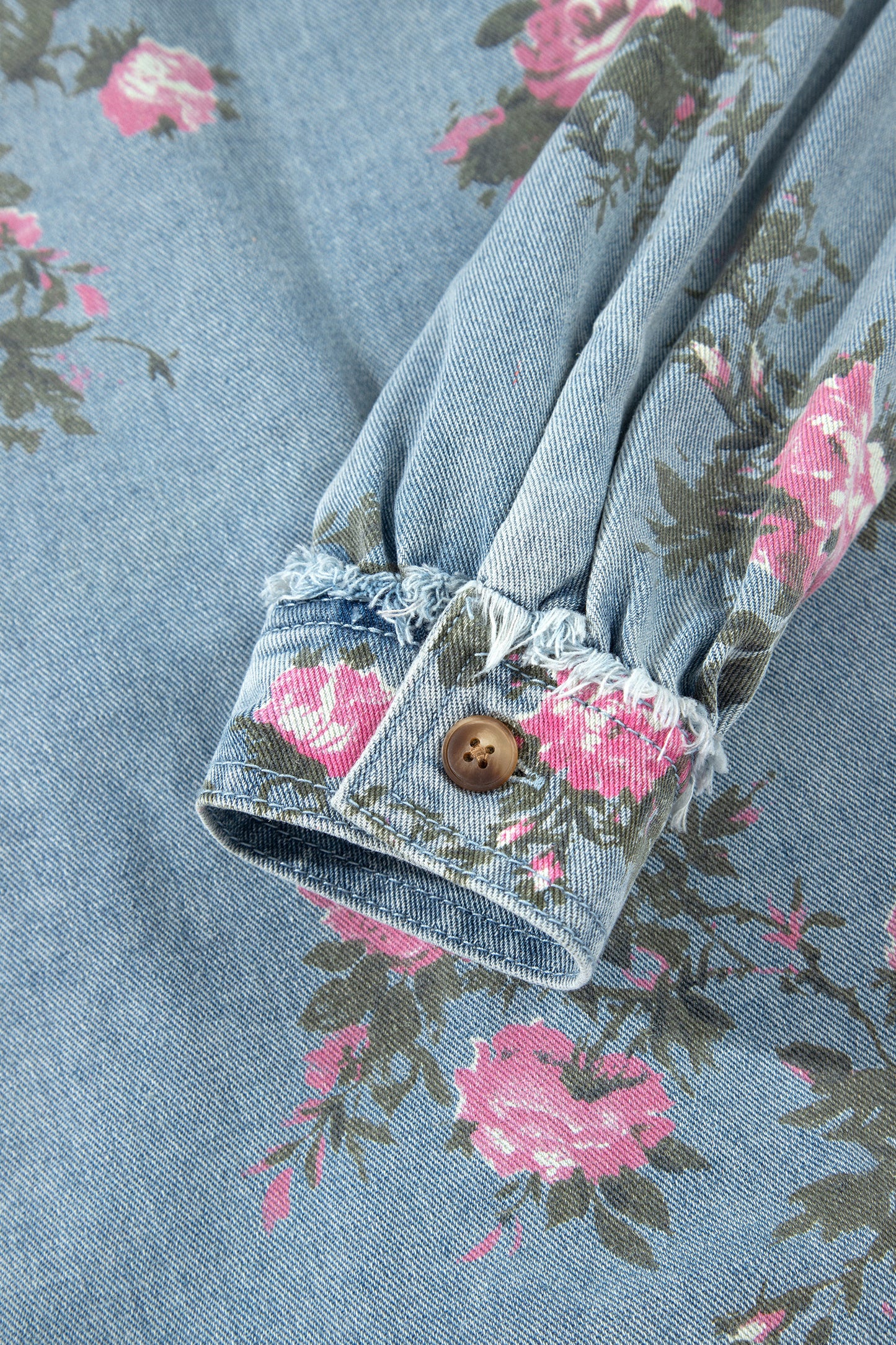 Floral Denim Jacket Ruffle Hem Puff Sleeve Cropped