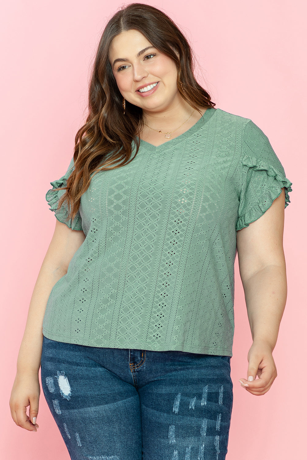 Laurel Green Petal Sleeve Jacquard V Neck Curvy Blouse