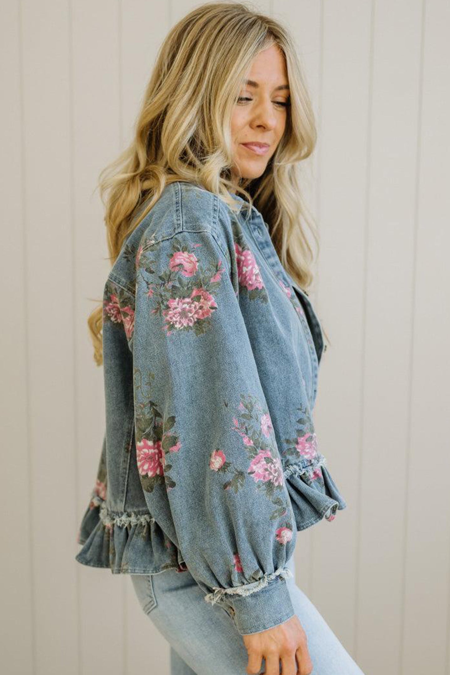 Floral Denim Jacket Ruffle Hem Puff Sleeve Cropped