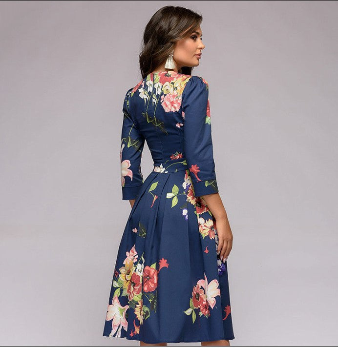 Women's Floral A-Line Midi Dress 3/4 Sleeve Vintage Party