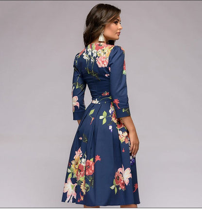 Women's Floral A-Line Midi Dress 3/4 Sleeve Vintage Party