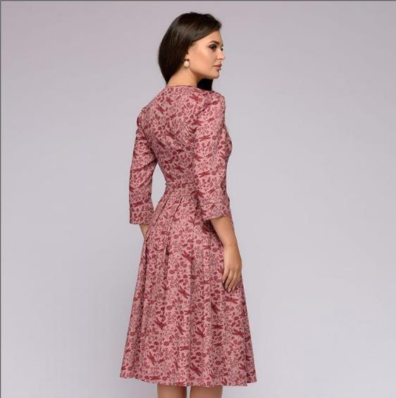 Women's Floral A-Line Midi Dress 3/4 Sleeve Vintage Party
