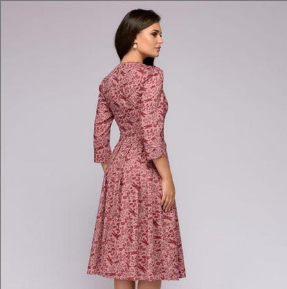 Women's Floral A-Line Midi Dress 3/4 Sleeve Vintage Party