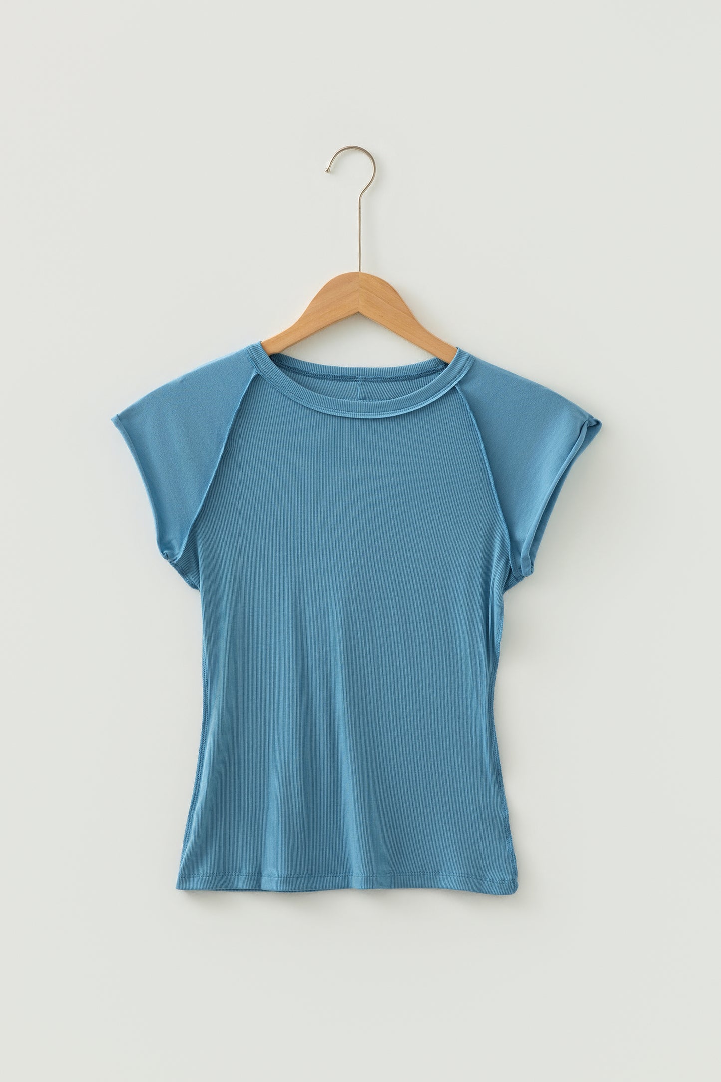 Peacock Blue Ribbed Crew Neck Cap Sleeve Tee