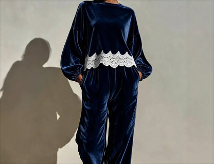 Velvet Lace Trim Balloon Sleeve Two Piece Lounge Set