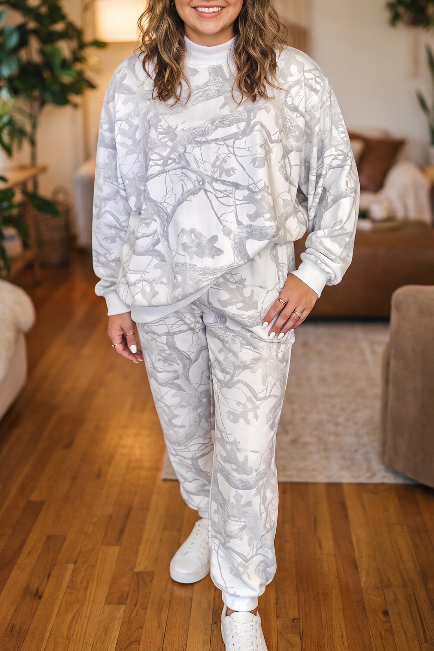 Gray Camo Print Oversized Sweatshirt Pants Set