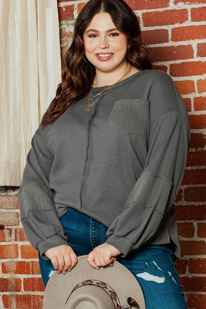 Black Plus Size Exposed Seam Crinkle Patchwork Top