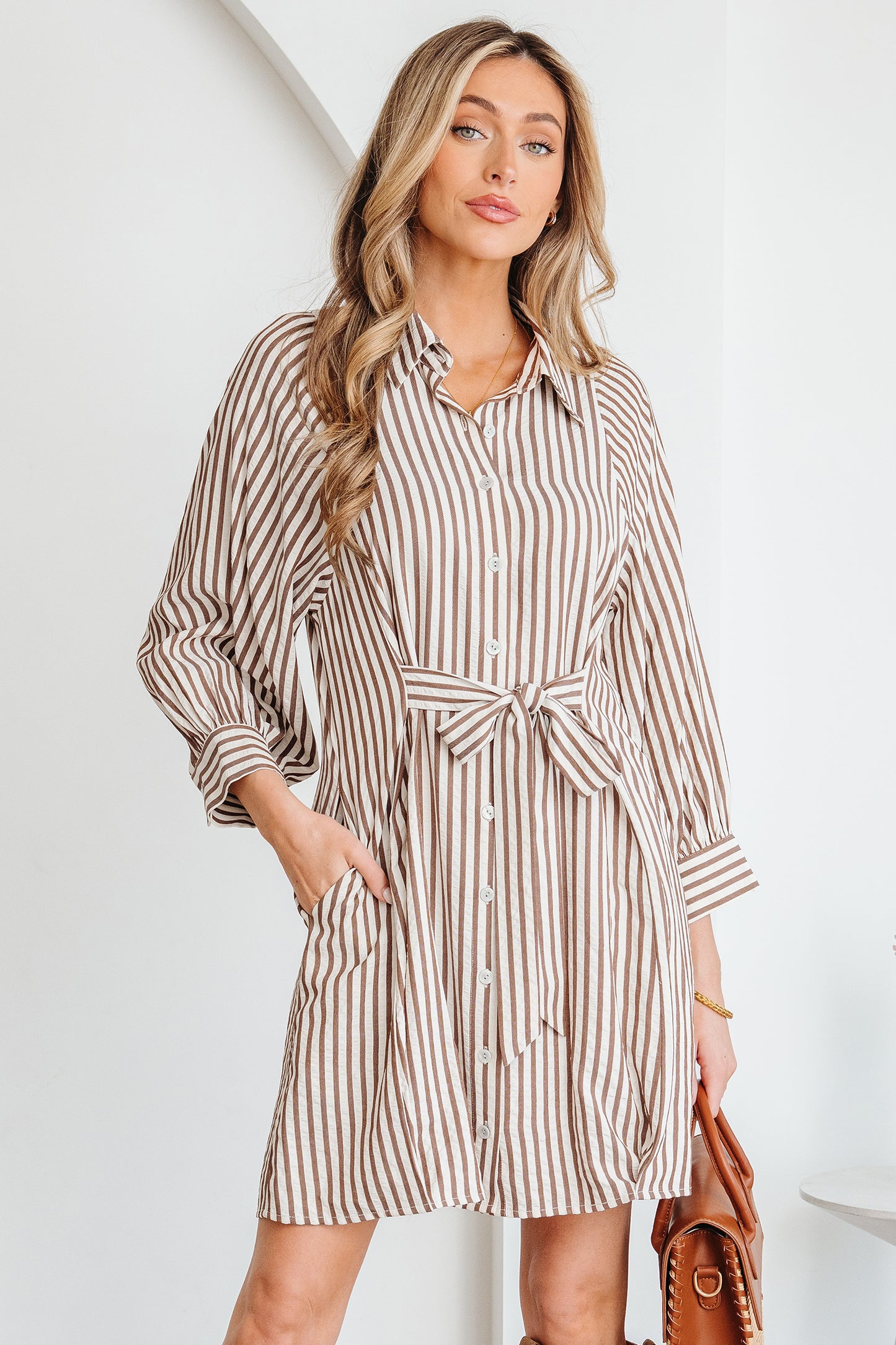 Brown Stripe Knot Waist Puff Sleeve Button Down Shirt Dress