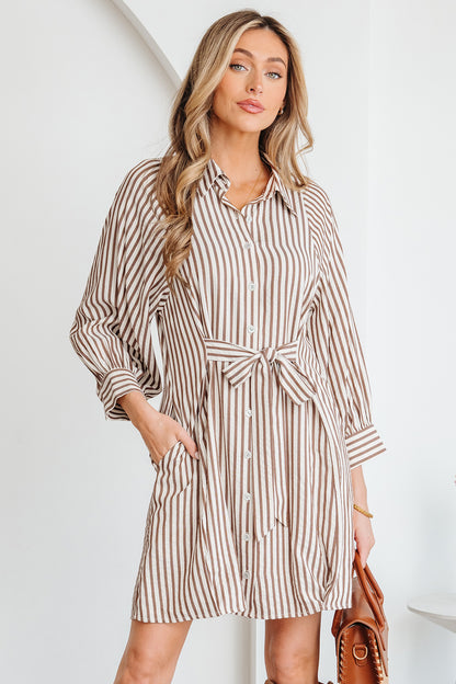 Brown Stripe Knot Waist Puff Sleeve Button Down Shirt Dress