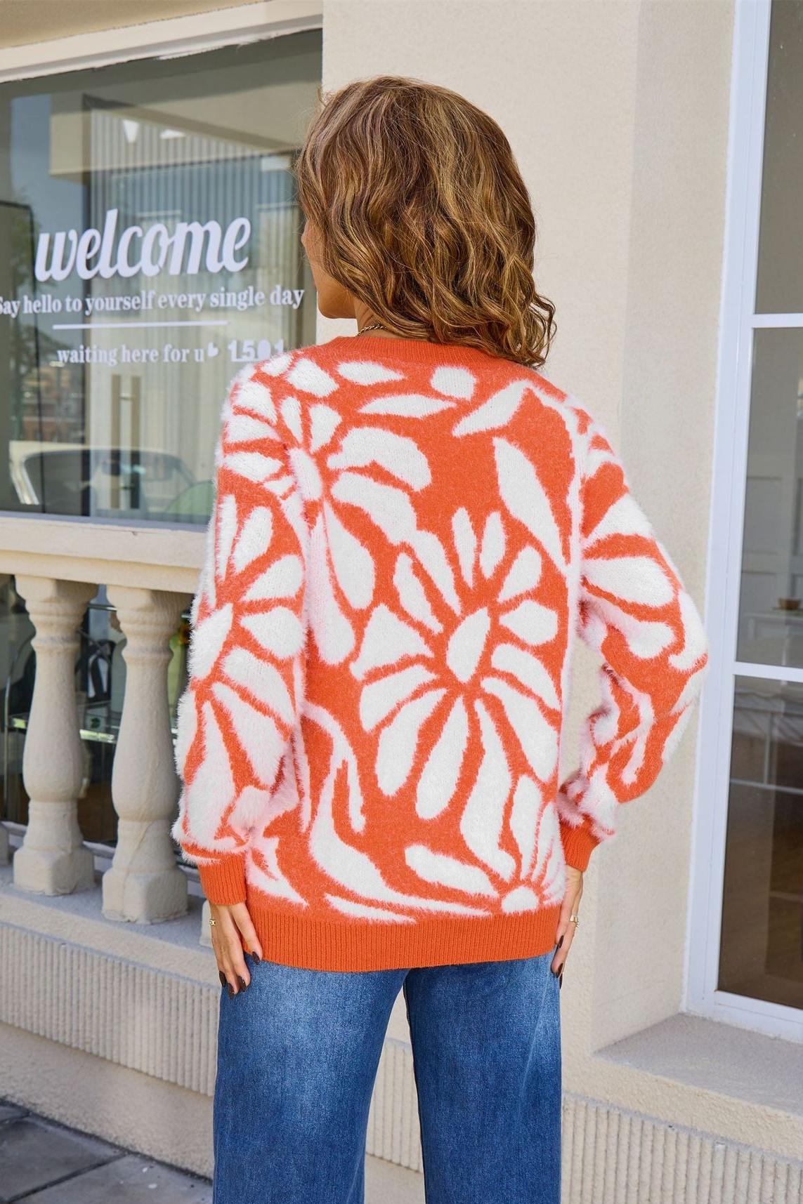 Fuzzy Floral Pullover Sweater – Cozy Knit for Winter