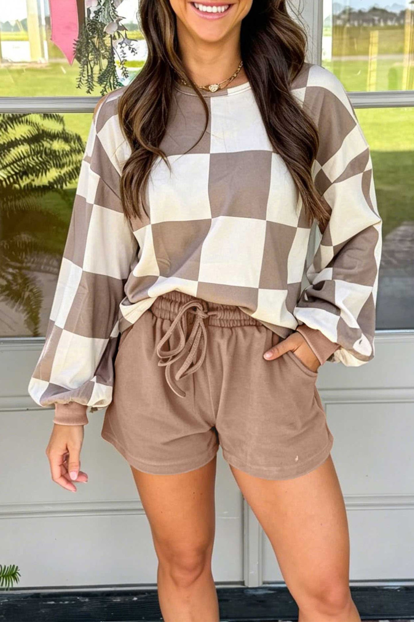 Khaki Checkerboard Plaid Long Sleeve Solid Color Shorts 2pcs Set