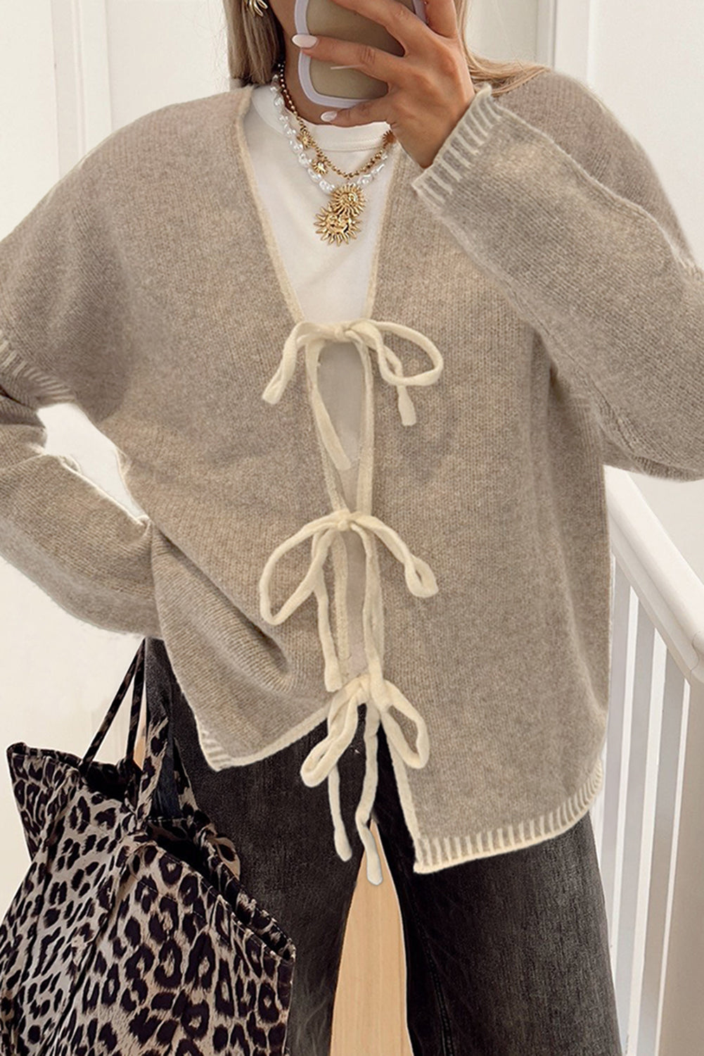 Khaki Tie Front Drop Shoulder Knit Cardigan Sweater