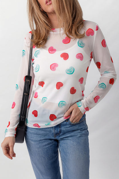 White Sheer Mesh Slogan Heart Printed Long Sleeve Top