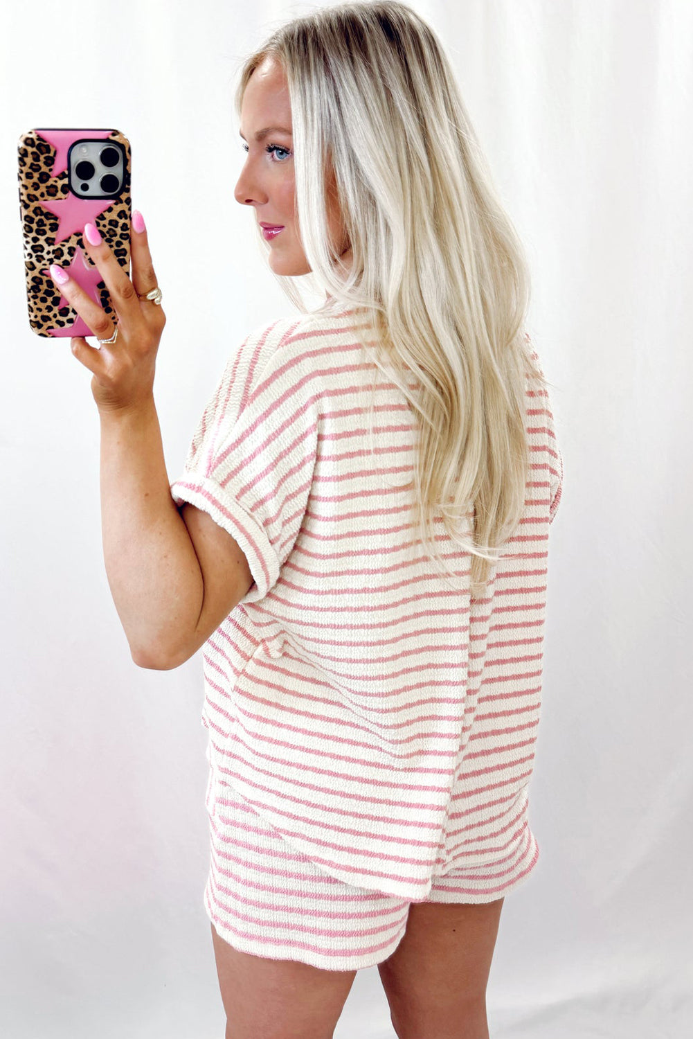 Pink Stripe Textured Knit Lounge Set Drawstring Shorts