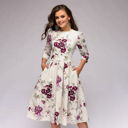 Women's Floral A-Line Midi Dress 3/4 Sleeve Vintage Party