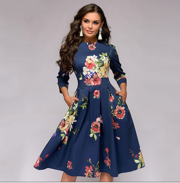 Women's Floral A-Line Midi Dress 3/4 Sleeve Vintage Party