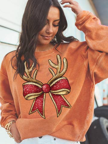 Christmas Antler Bow Graphic Corded Pullover Sweatshirt