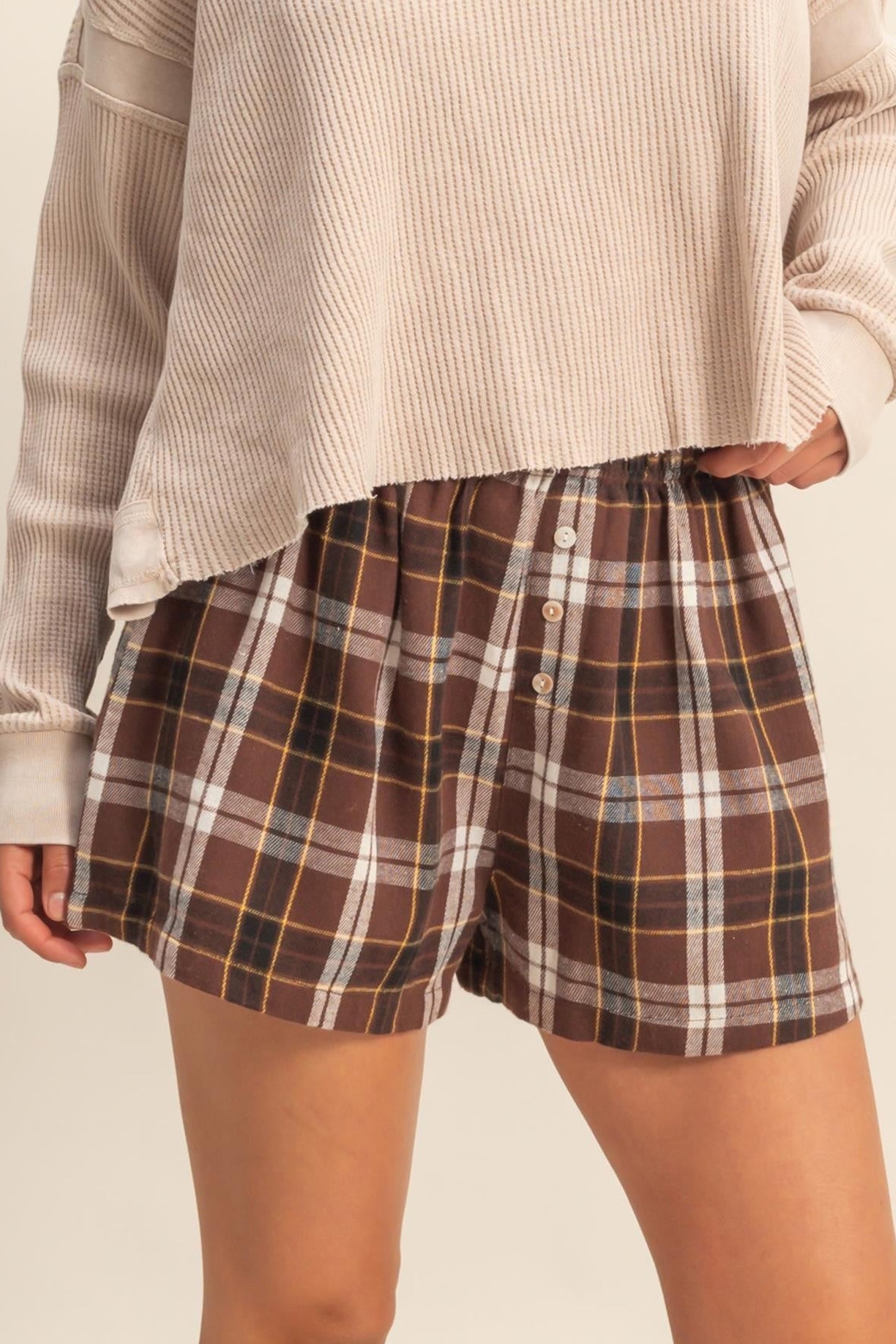Brown Plaid High Waist Pull On Shorts