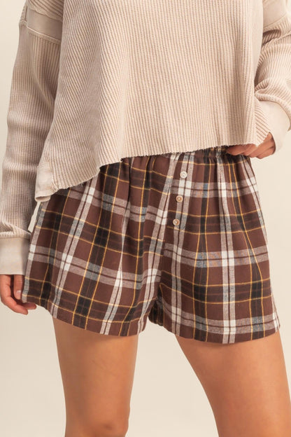 Brown Plaid High Waist Pull On Shorts