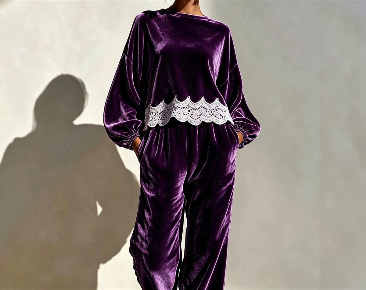 Velvet Lace Trim Balloon Sleeve Two Piece Lounge Set