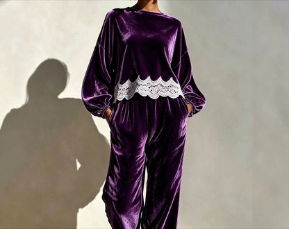 Velvet Lace Trim Balloon Sleeve Two Piece Lounge Set