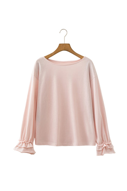 Gossamer Pink Ruffle Sleeve Loose Long Sleeve Blouse Top