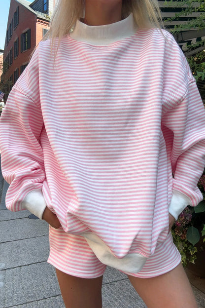 Pink Stripe Oversized Mock Neck Sweatshirt Shorts Set