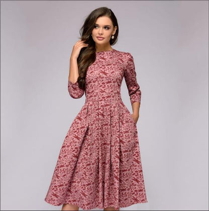 Women's Floral A-Line Midi Dress 3/4 Sleeve Vintage Party