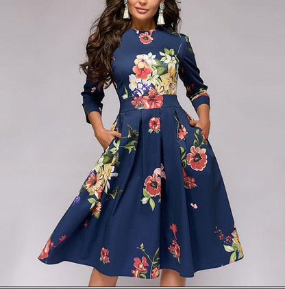 Women's Floral A-Line Midi Dress 3/4 Sleeve Vintage Party