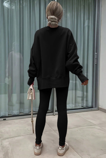 Solid Oversize Slit Sweatshirt with Ribbed Leggings Set