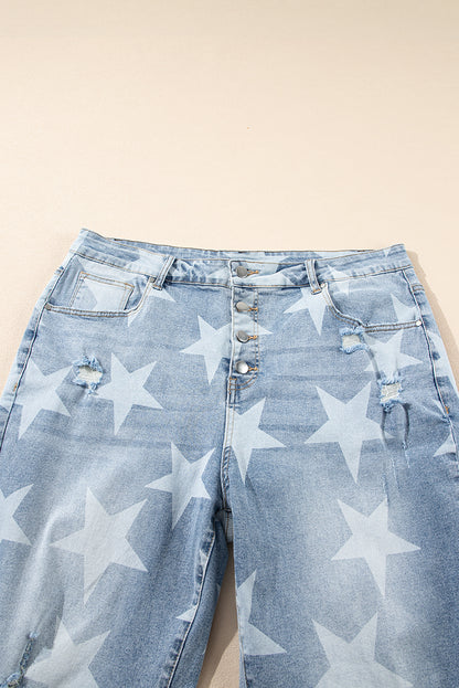 Star Printed Multi Buttons Slit Knee Destroyed Plus Size Jeans