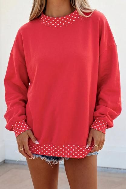 Red Polka Dot Trim Oversized Colorblock Sweatshirt