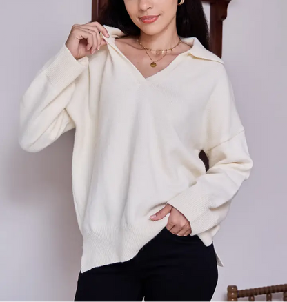 V Neck Collared Knit Sweater Oversized Casual Pullover