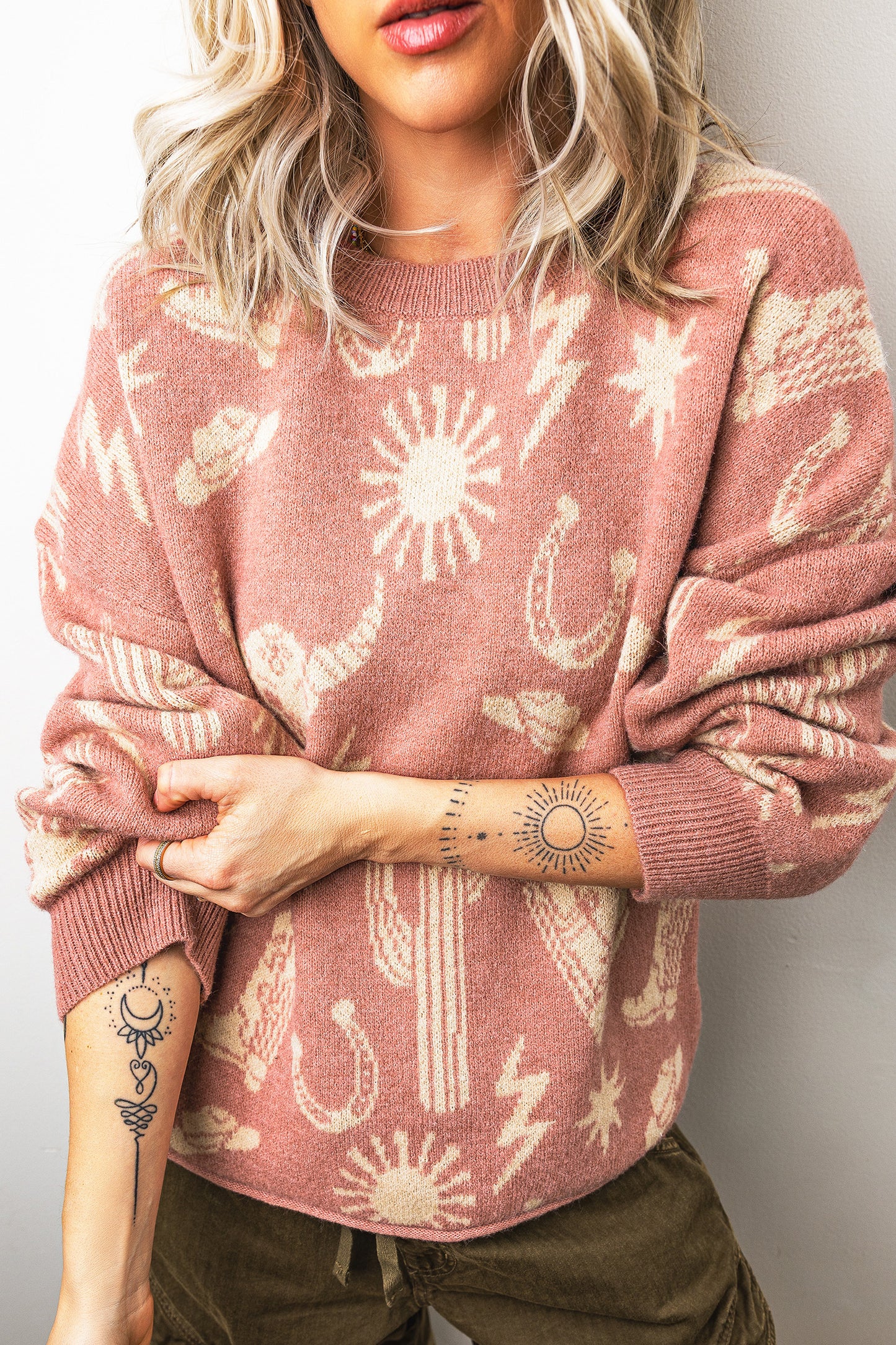Western Celestial Print Oversized Crew Neck Sweater