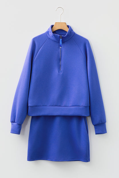 Half Zip Long Sleeve Pullover Mini Skirt Set