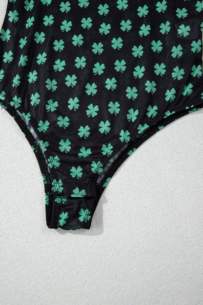 St. Patrick’s Day Shamrock Print Mesh Long Sleeve Bodysuit