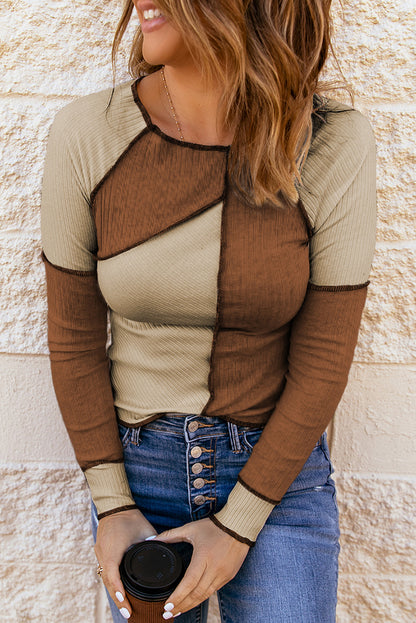 Irregular Color Block Rib Knit Long Sleeve Top