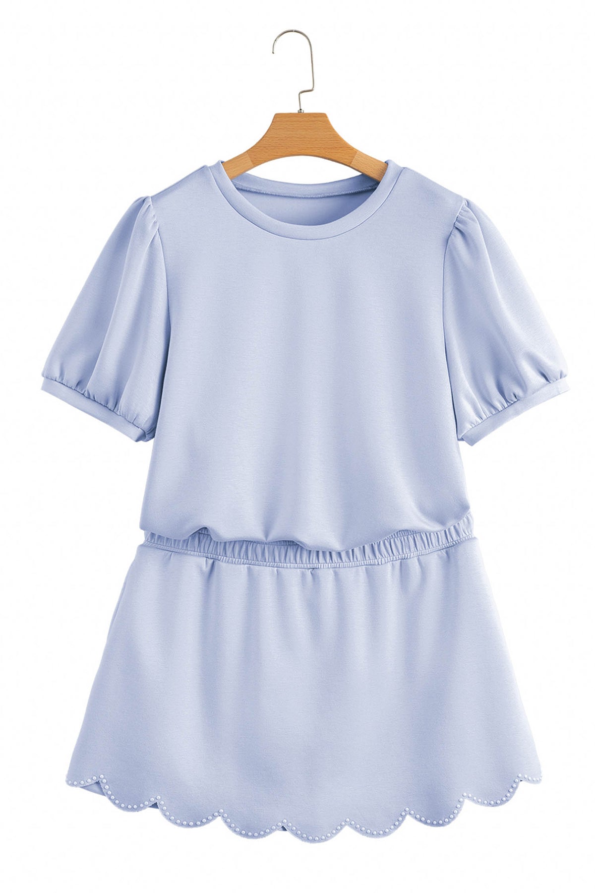 Scalloped Hem Puff Sleeve Lounge Set Casual Two Piece