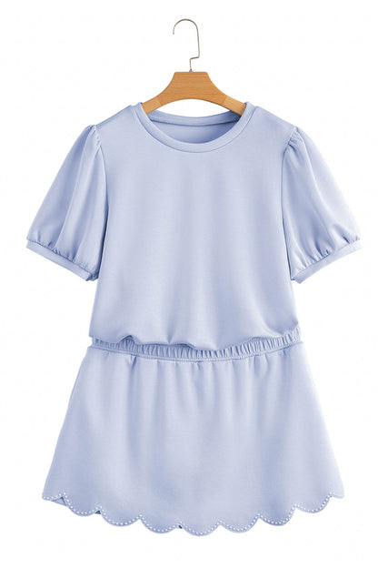 Scalloped Hem Puff Sleeve Lounge Set Casual Two Piece