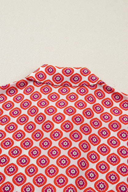 Orange Geometric Print Button Front Ruffle Hem Mini Dress