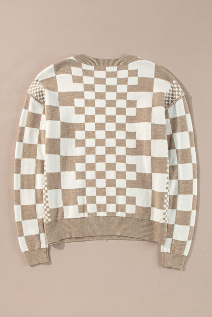 Brown Checkered Print Drop Shoulder Round Neck Sweater