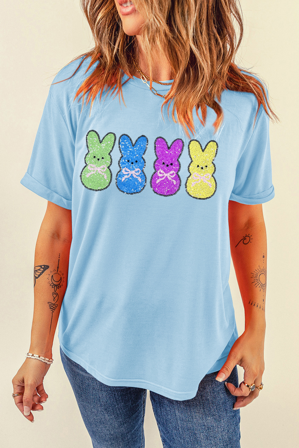 Easter Bunny Sequin Graphic Casual Short Sleeve T Shirt