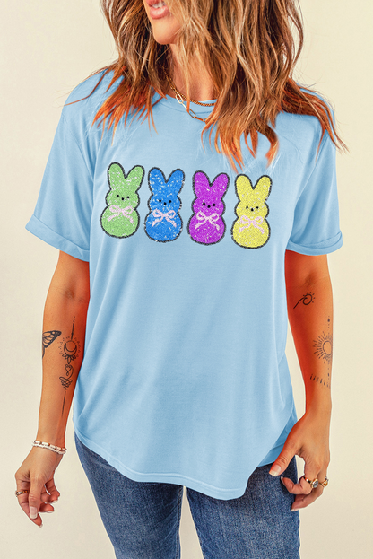 Easter Bunny Sequin Graphic Casual Short Sleeve T Shirt
